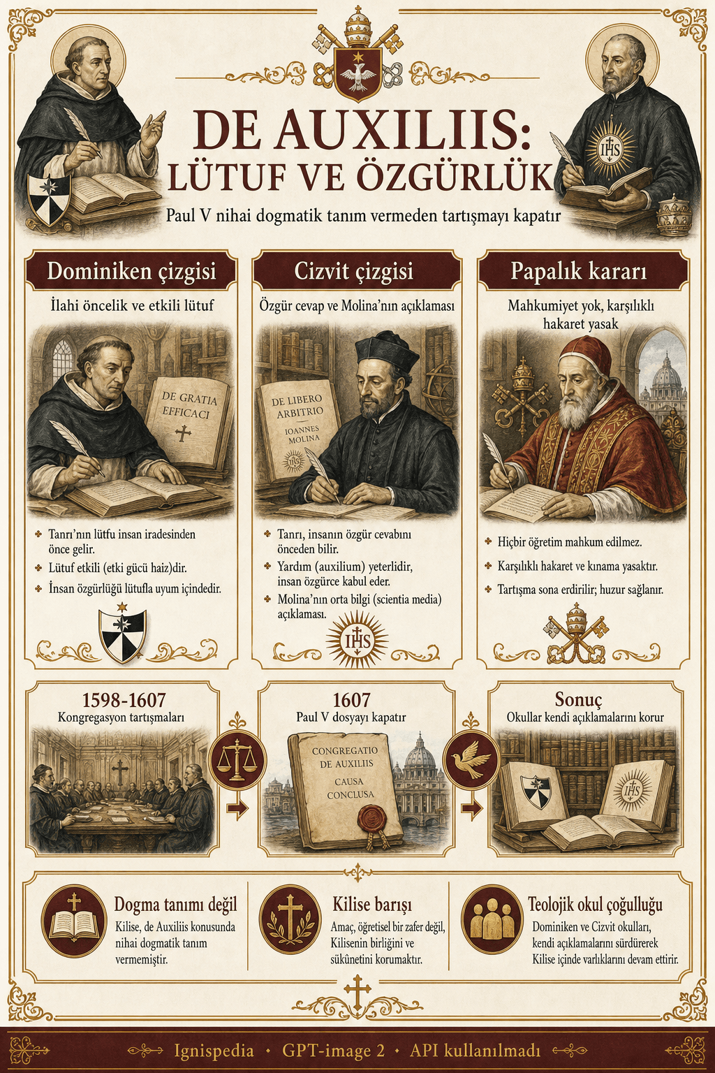 Ignispedia infografiği: Báñez ve Molina, Paul V tarafından lütuf ve özgür irade üzerine iki okulun karara bağlanması.