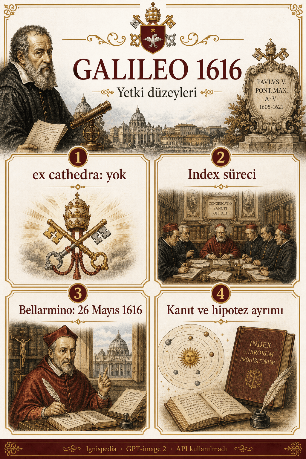 Ignispedia infografiği: 1616 Galileo olayı, yetki seviyeleri, niteleyiciden Index fermanına kadar.