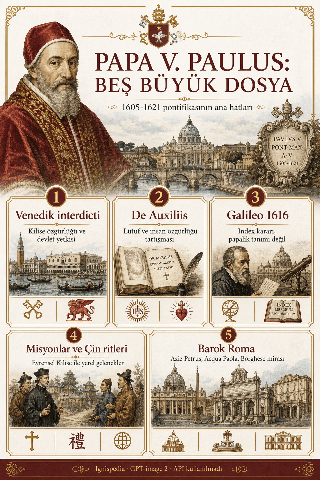 Ignispedia infografiği: Pavlus V beş dosyada — Venedik, lütuf, Galileo, misyonlar ve barok Roma.