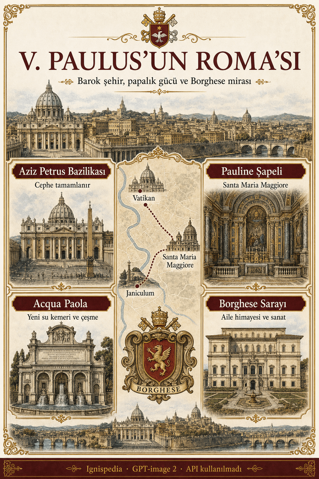 Ignispedia infografiği: Paul V’nin Roma’sı, Aziz Petrus cephesi, Pauline Şapeli ve Acqua Paola çeşmesi.