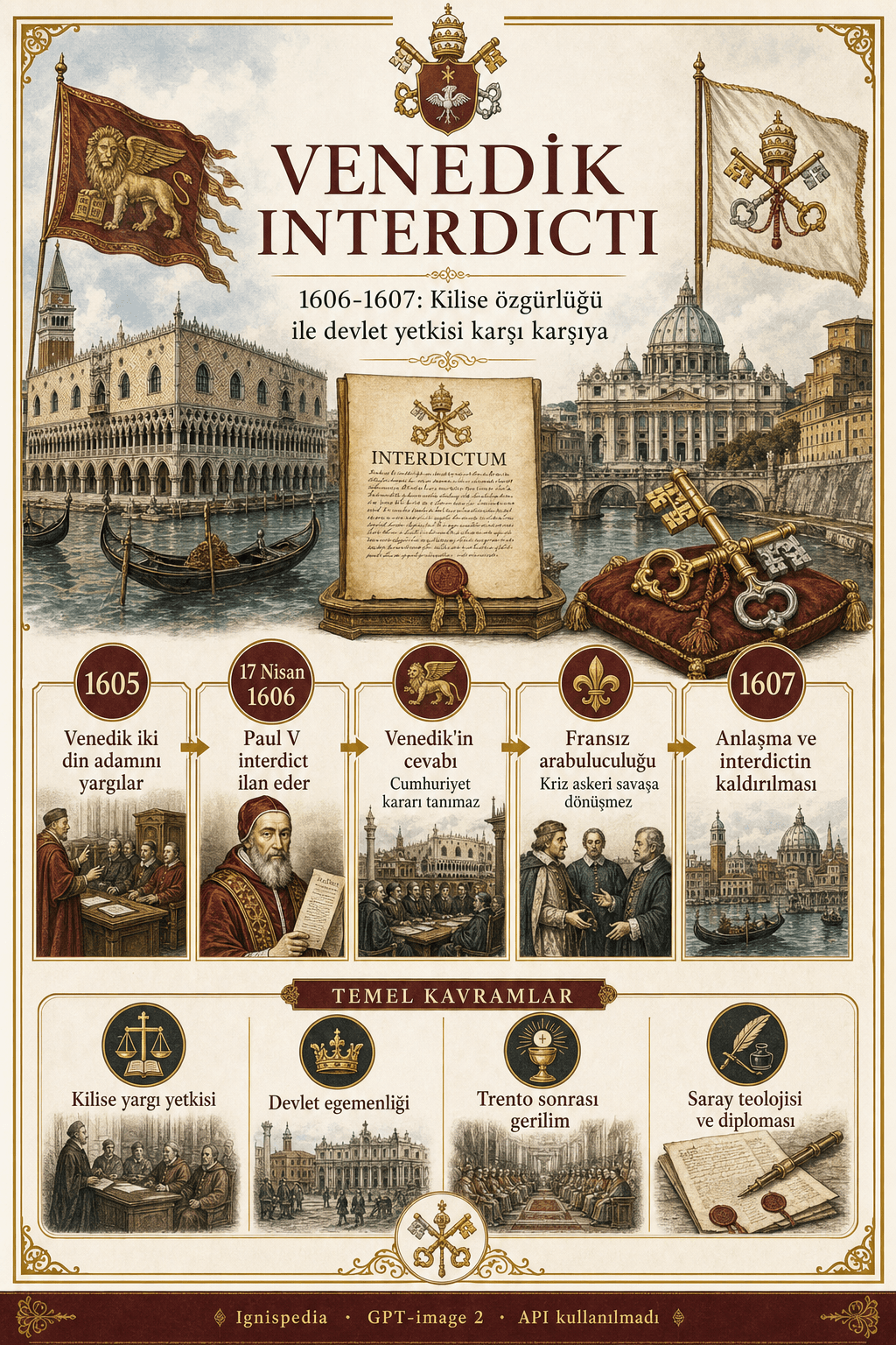 Ignispedia infografiği: 1606-1607 Venedik interdicti kronolojisi, Venedik yasalarından Fransız uzlaşmasına.