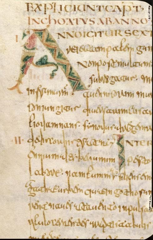 Inicial iluminada de um manuscrito da História dos Francos.