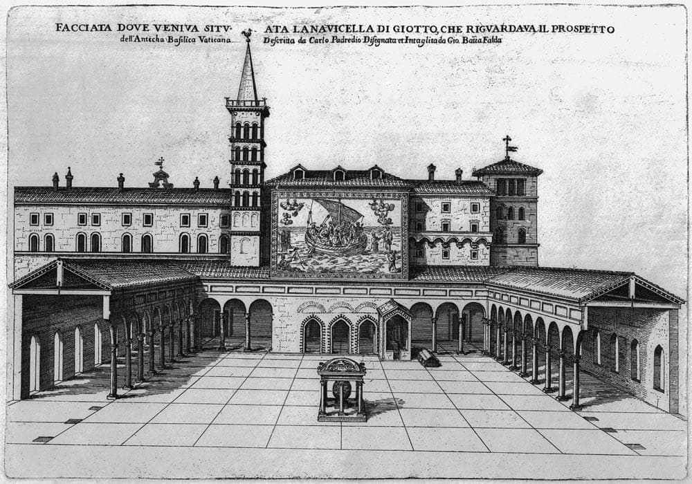 Gravura do pórtico da antiga basílica de São Pedro.
