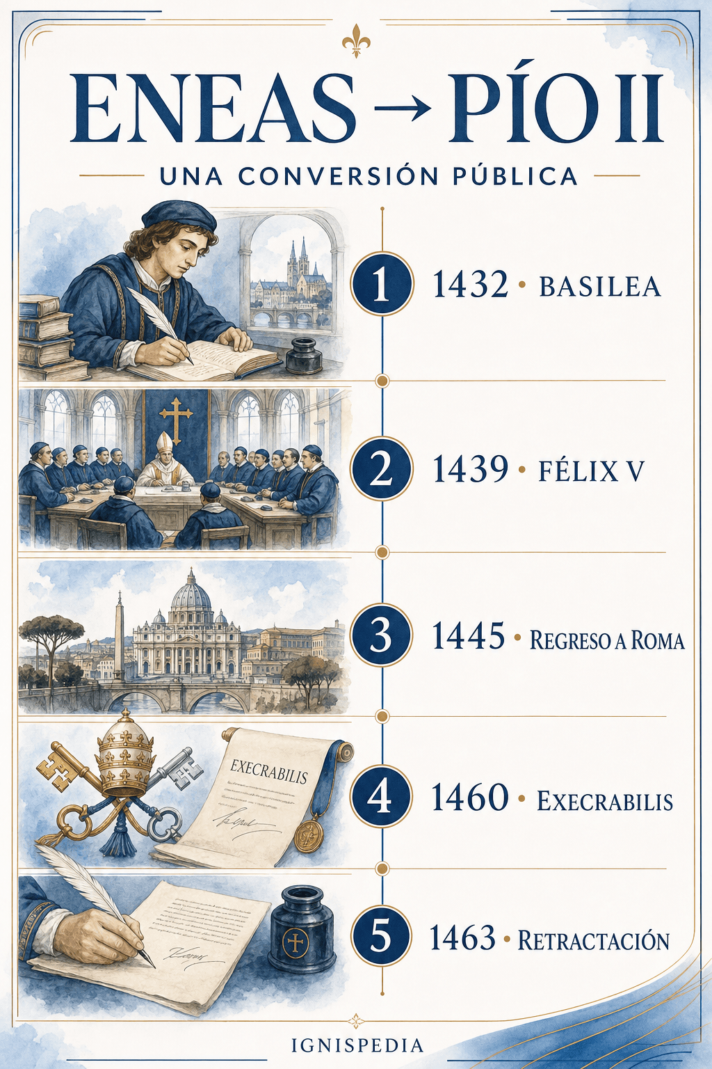 Infografía en español Eneas hacia Pío II: Basilea, Félix V, regreso a Roma, Execrabilis y retractación