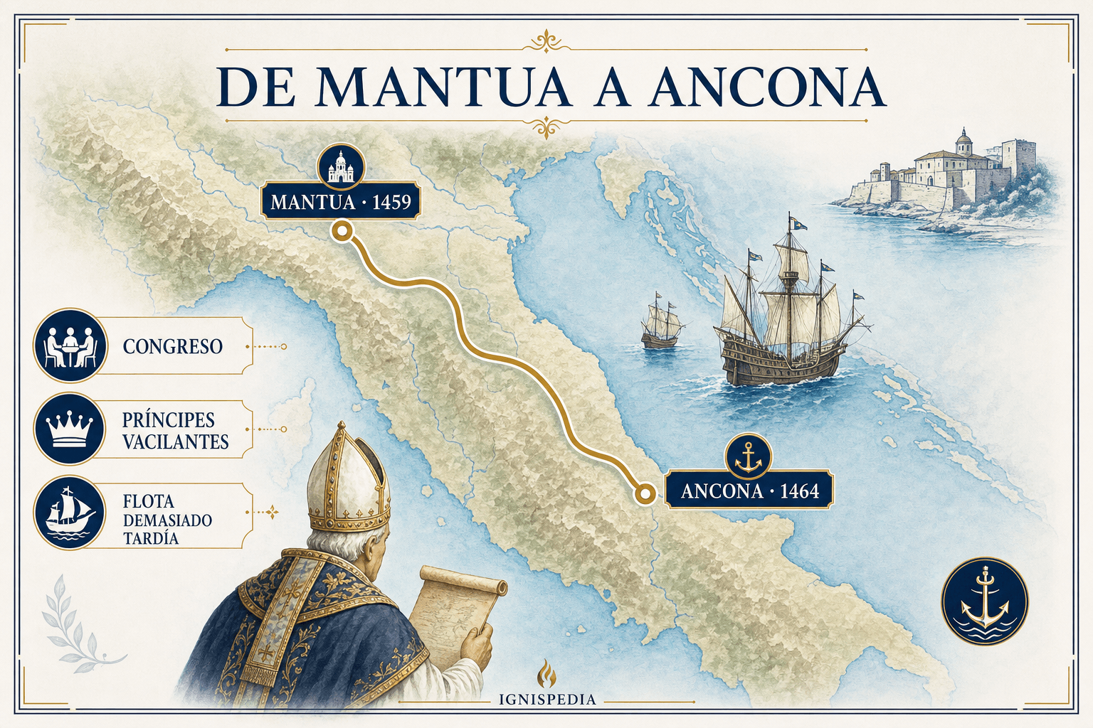 Mapa infográfico francés de la cruzada fallida de Pío II, de Mantua 1459 a Ancona 1464