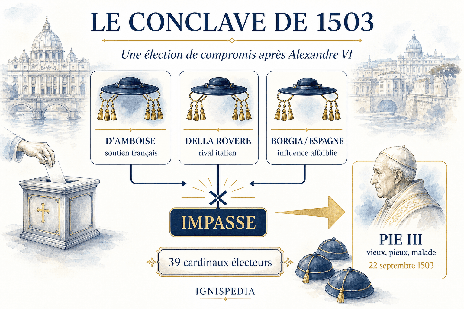 Infografika o konkláve 1503: d'Amboise, della Rovere, vplyv Borgiovcov a kompromisné zvolenie Pia III.