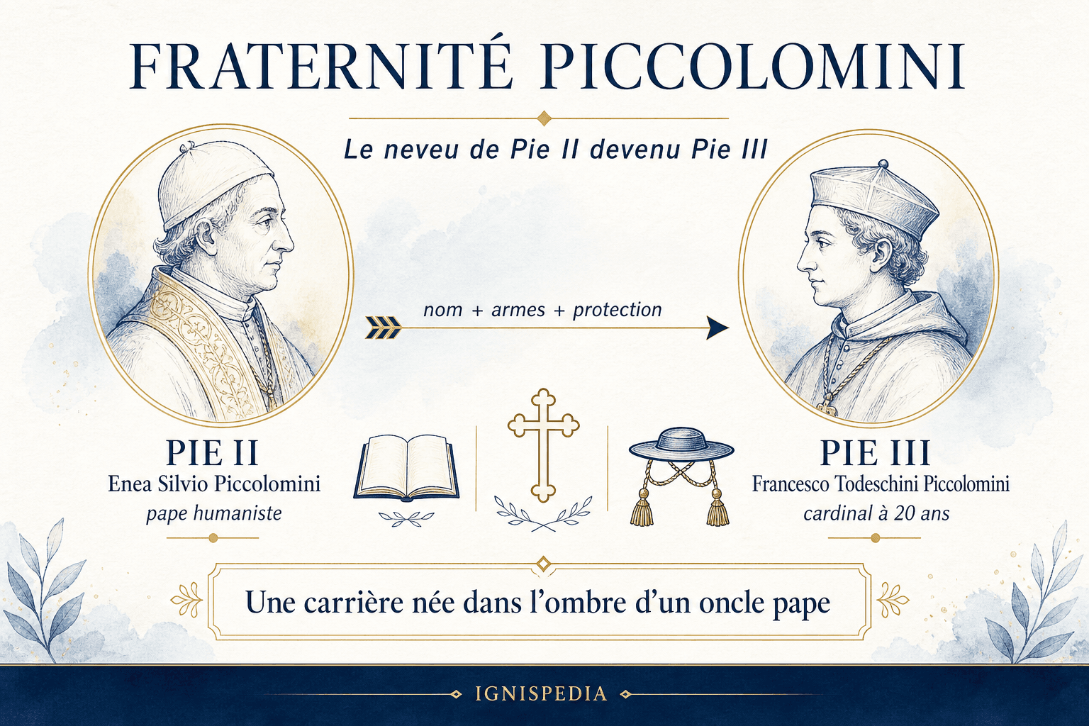 Infografika o vzťahu medzi Piom II., Eneom Silviom Piccolominim, a jeho synovcom Francescom Todeschinim Piccolominim, budúcim Piom III.