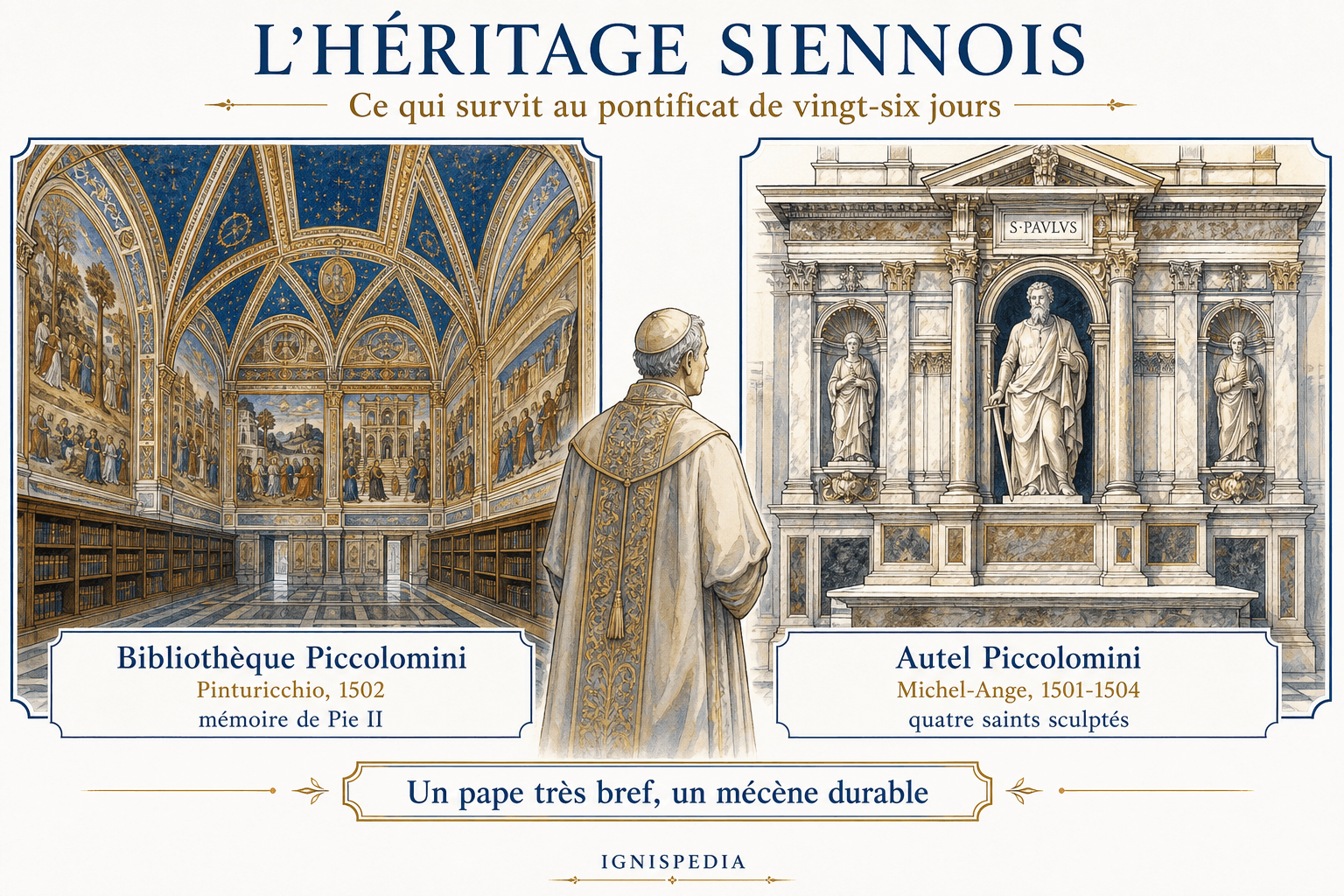 Infografika o sienskom dedičstve Pia III.: knižnica Piccolomini a oltár Piccolomini vytesaný Michelangelom.