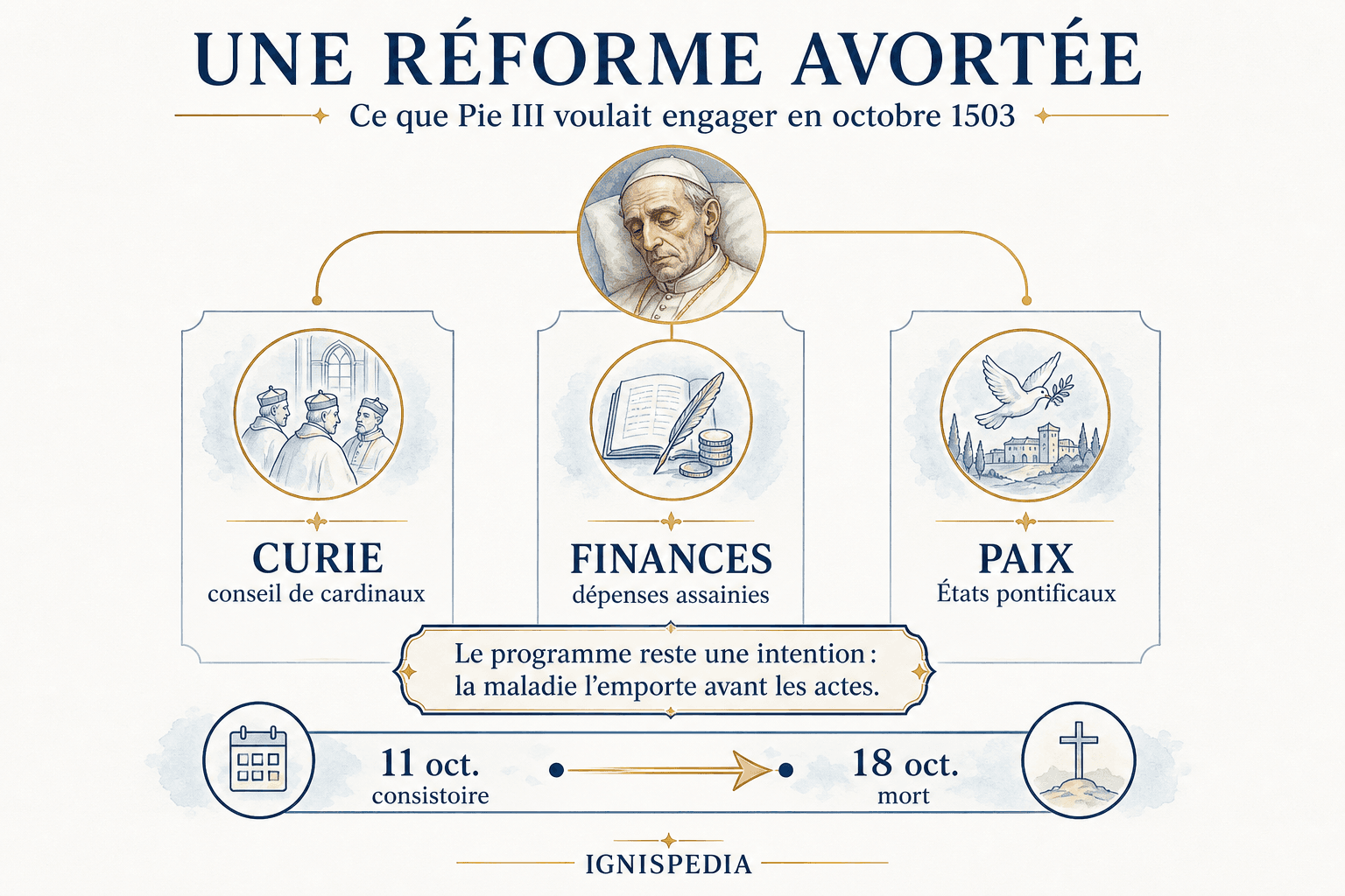 Infografika o troch osiach reformy ohlásenej Piom III.: kúria, financie a mier v pápežských štátoch.
