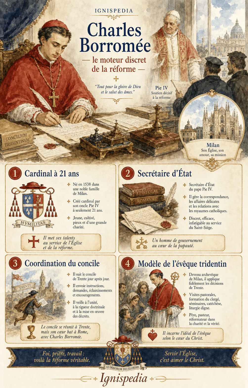 Infographie en français sur Charles Borromée, cardinal à vingt et un ans, secrétaire d'État de Pie IV et moteur de la réforme tridentine.