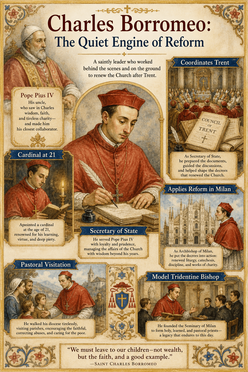 English infographic on Charles Borromeo, cardinal at twenty-one, Secretary of State to Pius IV, and driving force of Tridentine reform.