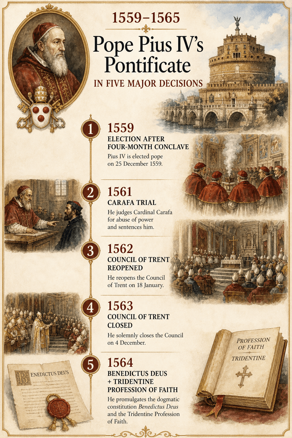 English timeline infographic presenting five major decisions of Pope Pius IV's pontificate between 1559 and 1565.