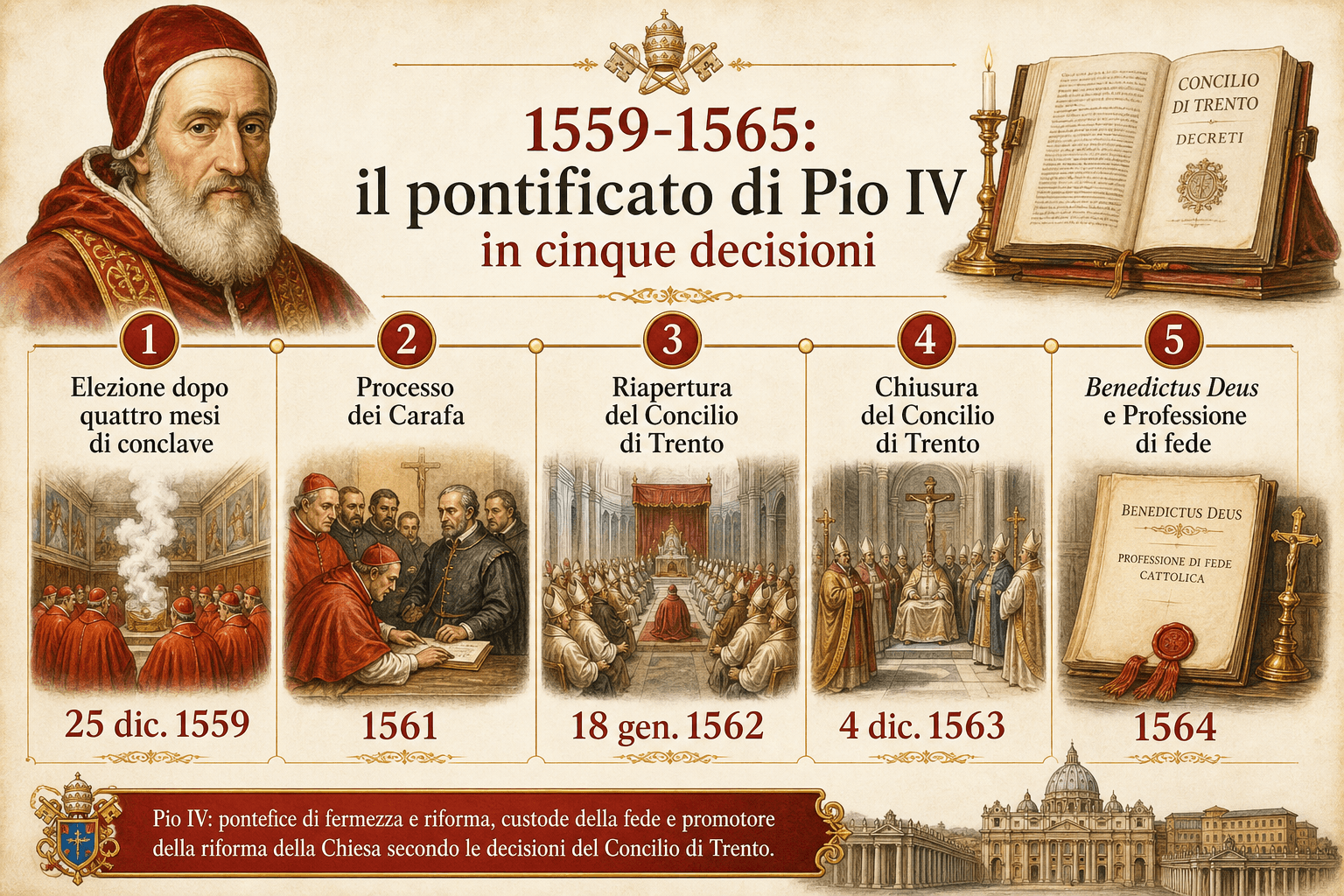 Infografica cronologica in italiano che presenta cinque decisioni maggiori del pontificato di Pio IV tra 1559 e 1565.