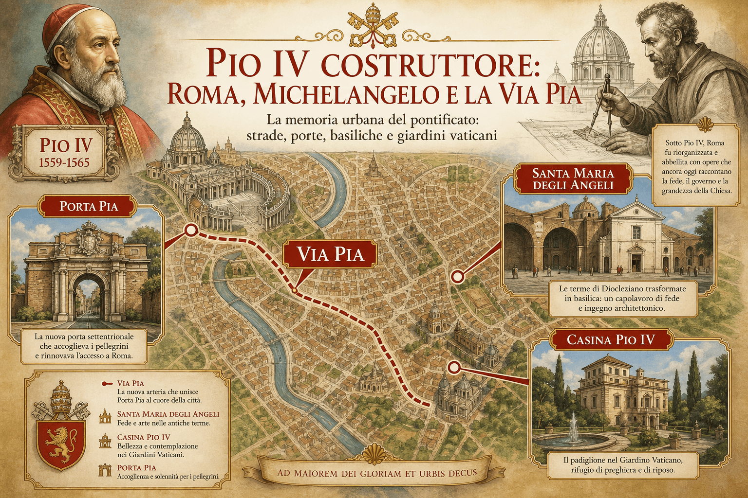 Mappa-infografica in italiano sulla Roma costruita sotto Pio IV, con Porta Pia, Via Pia, Santa Maria degli Angeli e la Casina Pio IV nei giardini vaticani.