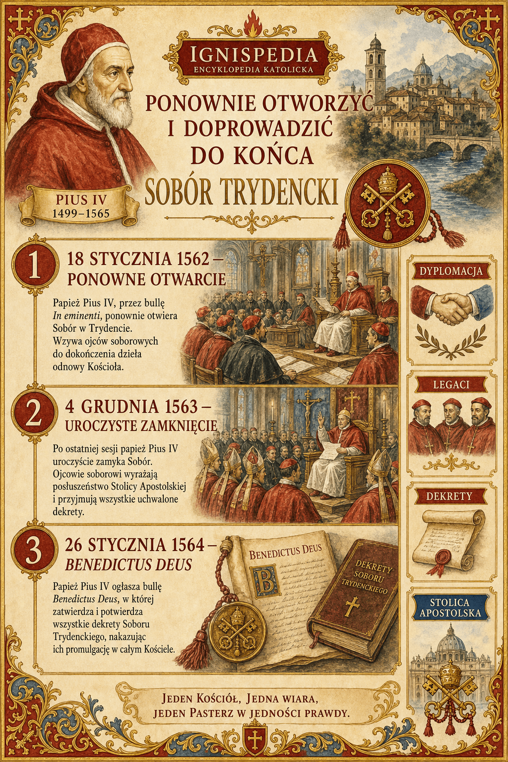 Polska infografika pokazująca Piusa IV ponownie otwierającego i doprowadzającego do końca Sobór Trydencki, z datami 18 stycznia 1562, 4 grudnia 1563 i 26 stycznia 1564.