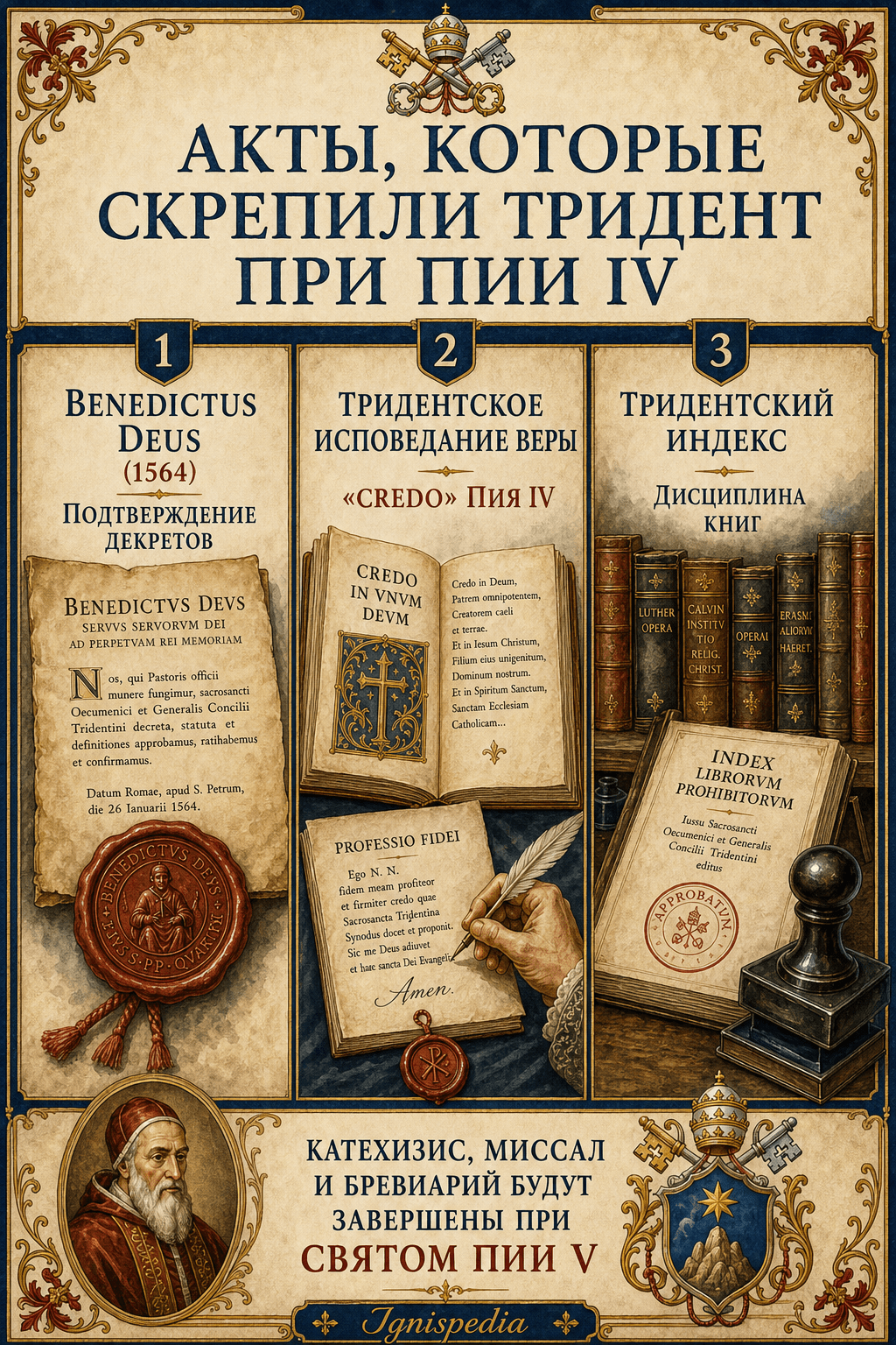 Русская инфографика о Benedictus Deus, Тридентском исповедании веры и Тридентском индексе при Пии IV.