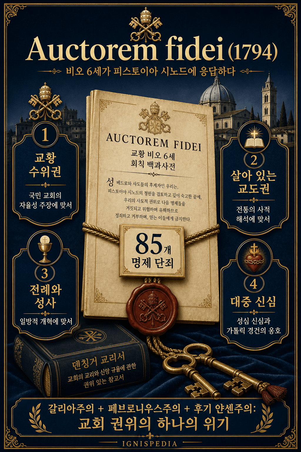 1794년 피스토이아 시노드의 85개 조항을 정죄한 교황칙서 Auctorem fidei에 관한 인포그래픽.