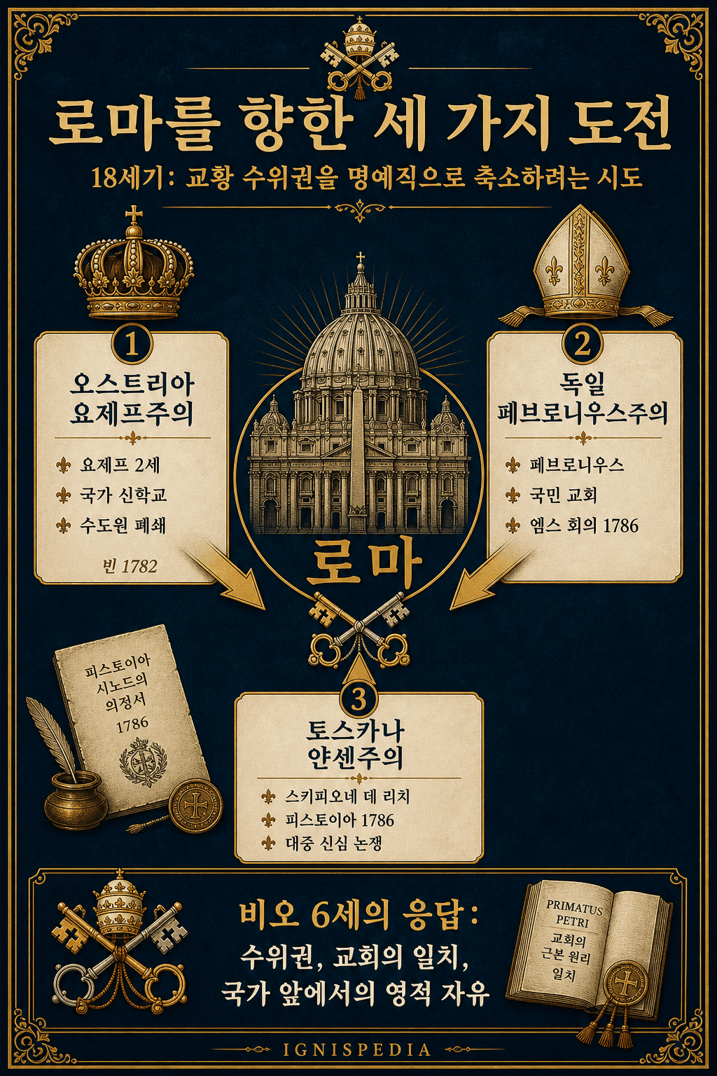 18세기 교황권에 대한 세 차례 공격을 비교한 인포그래픽: 오스트리아 요제프주의, 독일 페브로니우스주의, 토스카나 얀센주의.