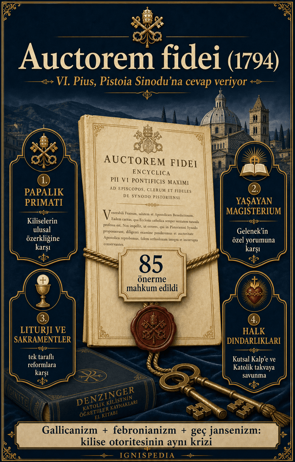 Pistoia sinodunun 85 önerisini kınayan 1794 tarihli Auctorem fidei anayasası hakkında infografik.