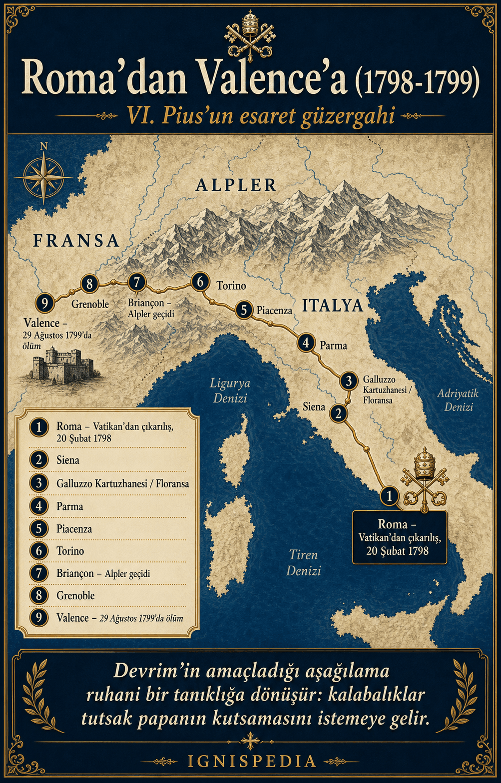 1798-1799 yıllarında Roma’dan Valence’e, Siena, Floransa, Parma, Torino, Briançon ve Grenoble üzerinden VI. Pius’un sürgün rotasının haritası.