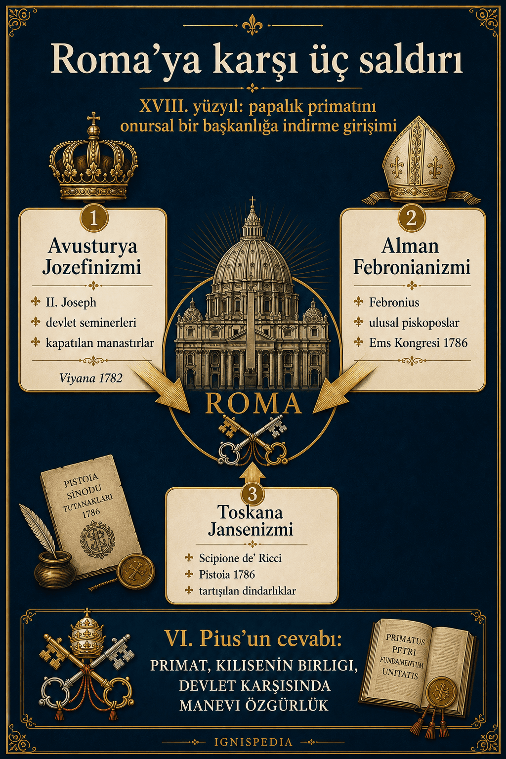18. yüzyılda papalık üstünlüğüne karşı üç saldırıyı karşılaştıran infografik: Avusturya jozefinizmi, Alman febronianizmi, Toskana jansenizmi.
