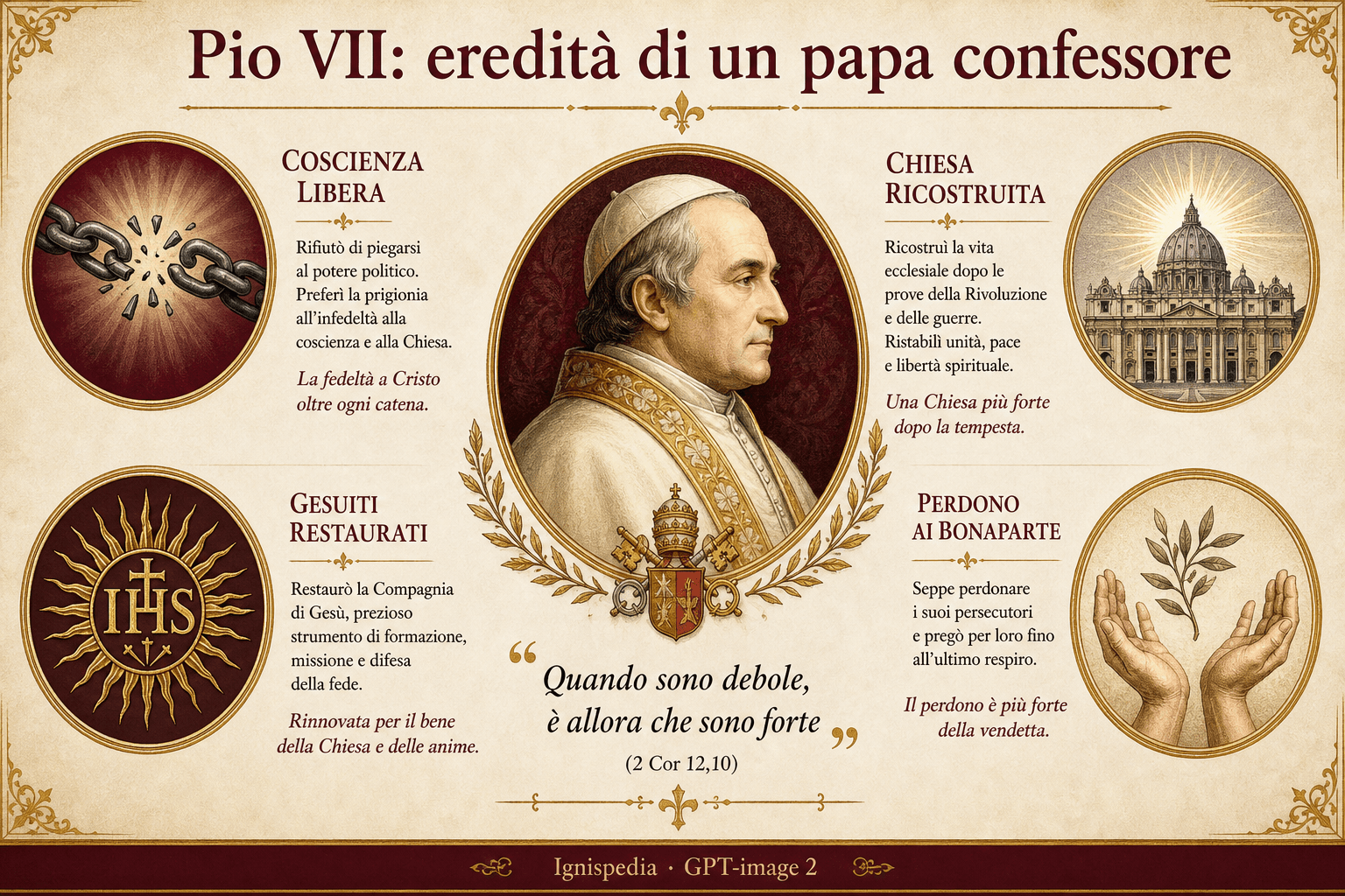 Infografia italiana che presenta l'eredità spirituale e storica di Pio VII come papa confessore