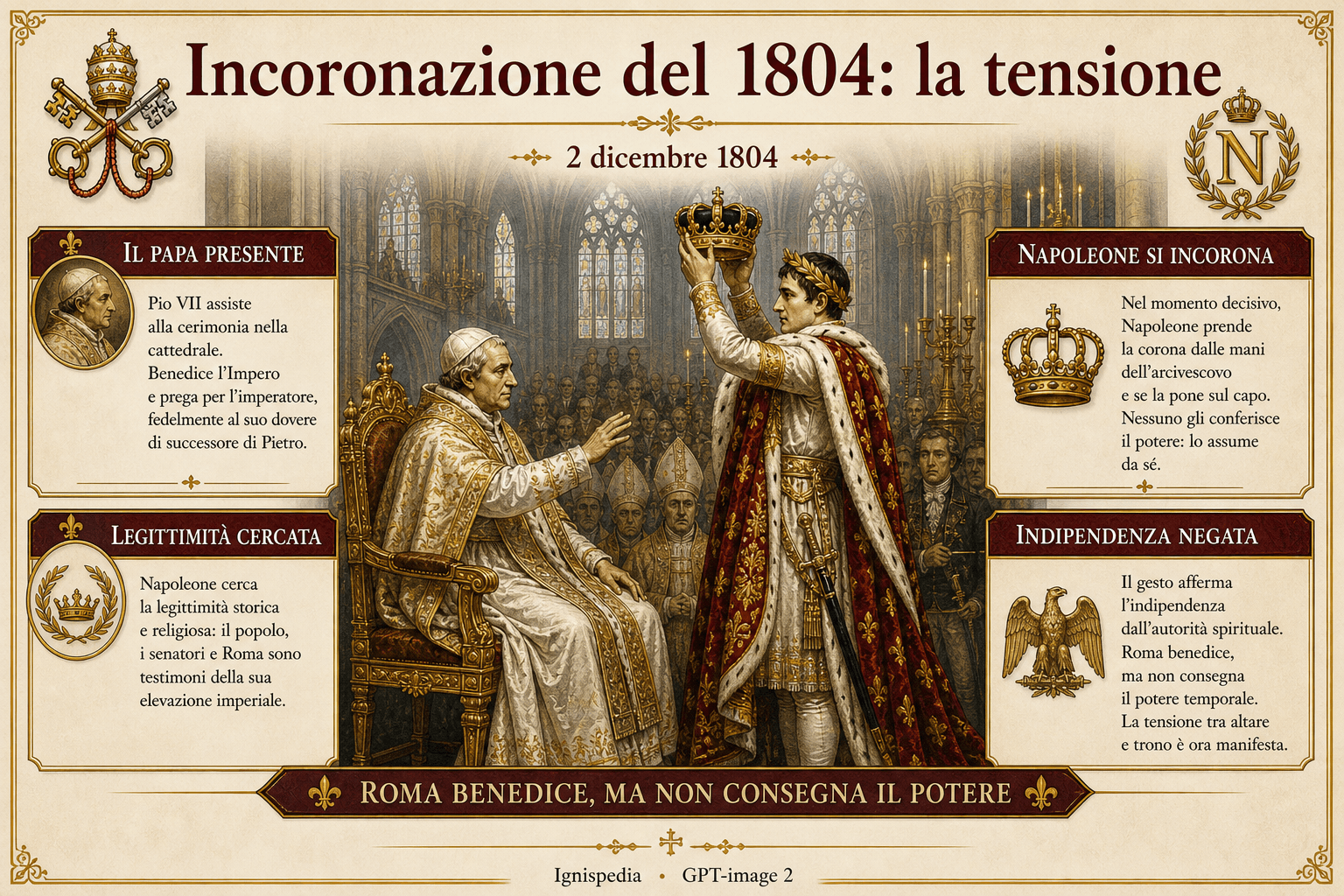 Infografia italiana sull'incoronazione di Napoleone a Notre-Dame alla presenza di Pio VII