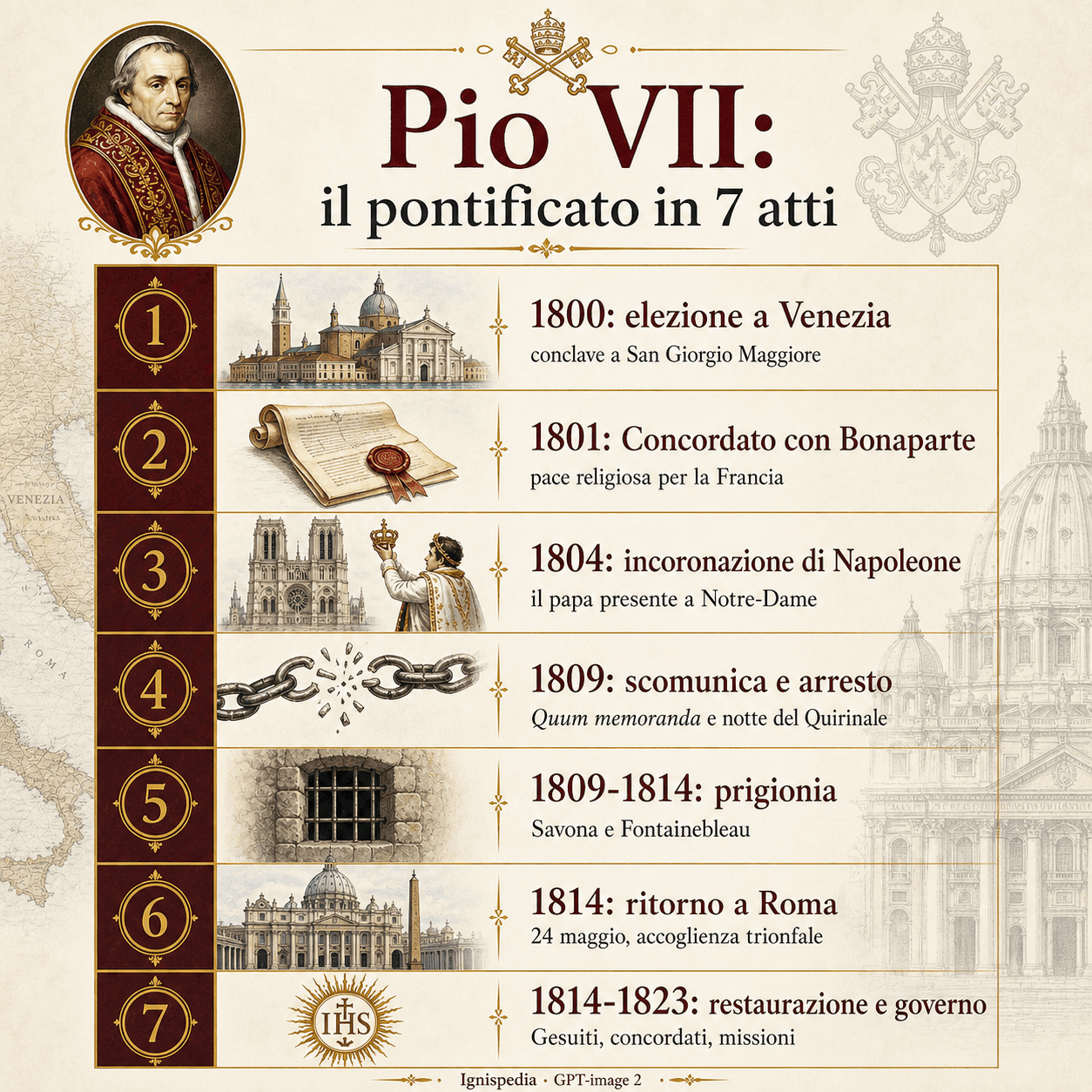 Infografia italiana che riassume il pontificato di Pio VII in sette atti, dall'elezione a Venezia alla morte a Roma