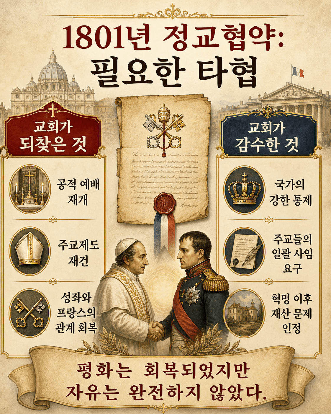 로마와 프랑스 간 1801년 정교협약 타협을 보여주는 한국어 인포그래픽