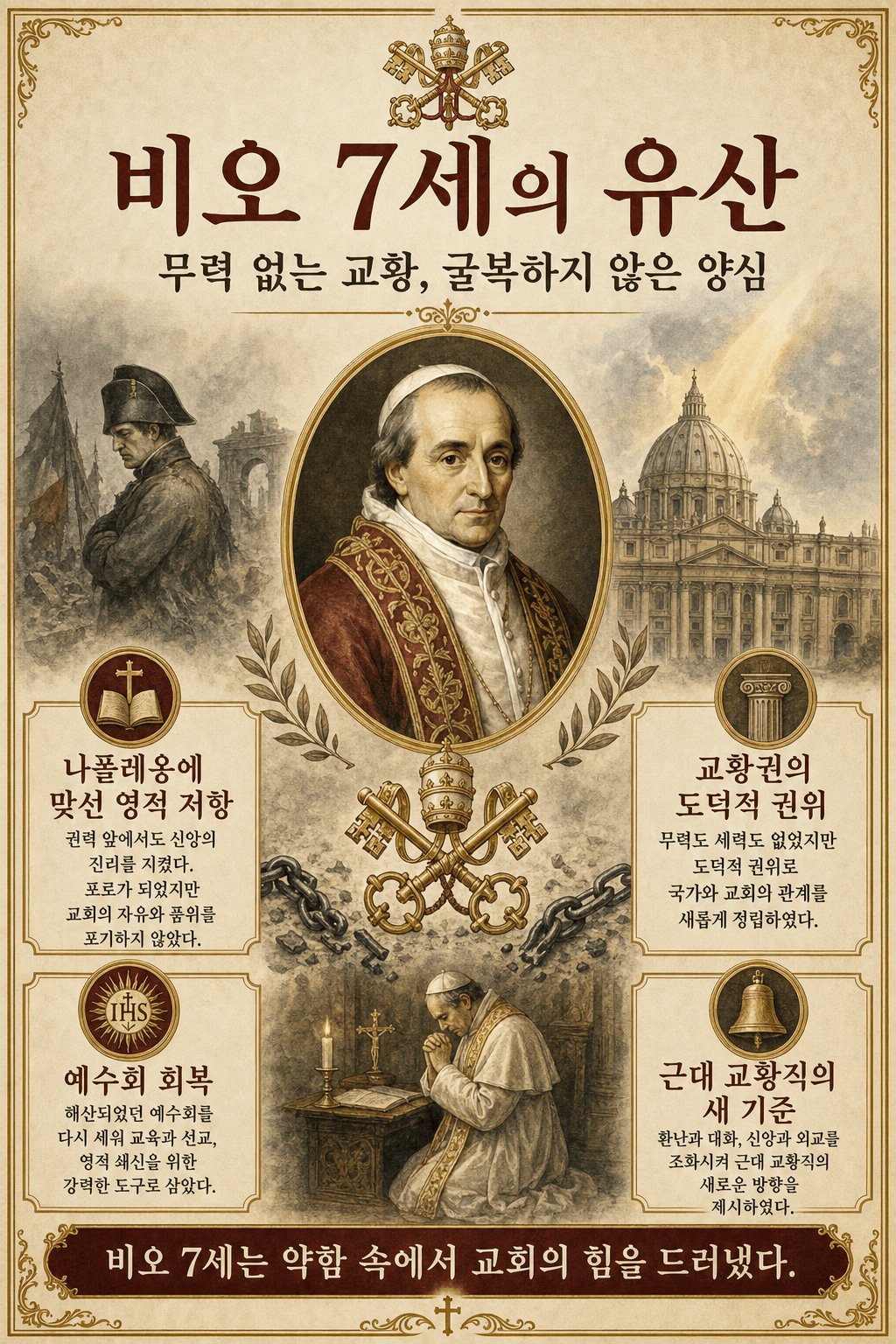 비오 7세 고백 교황으로서의 영적·역사적 유산을 보여주는 한국어 인포그래픽