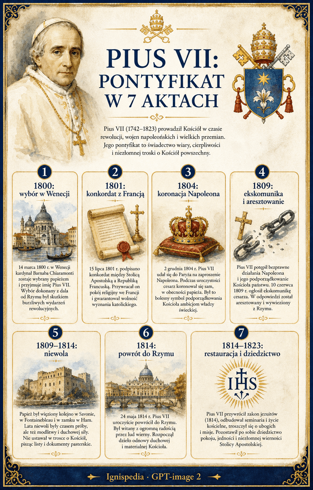 Polska infografika Ignispedii streszczająca pontyfikat Piusa VII w siedmiu aktach, od wyboru w Wenecji po śmierć w Rzymie