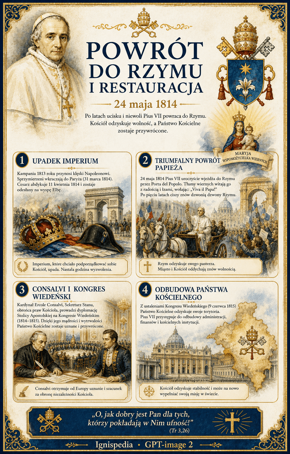 Polska infografika Ignispedii o powrocie Piusa VII do Rzymu i restauracji Państwa Kościelnego