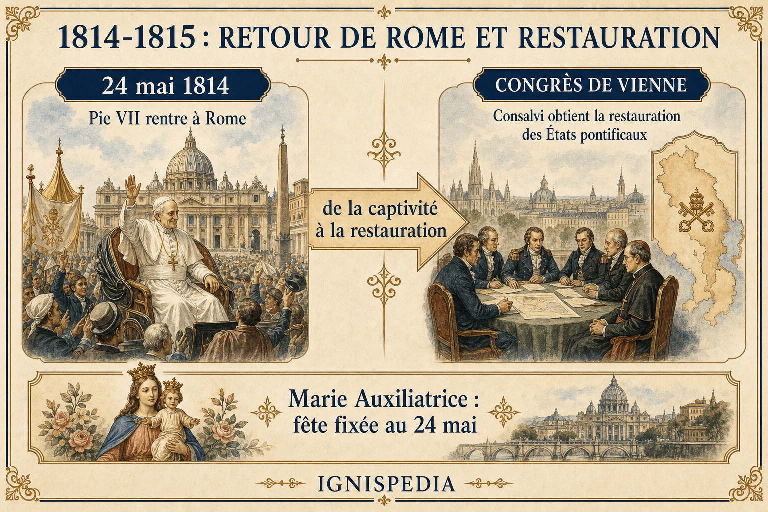 Infographie française sur le retour de Pie VII à Rome et la restauration diplomatique des États pontificaux