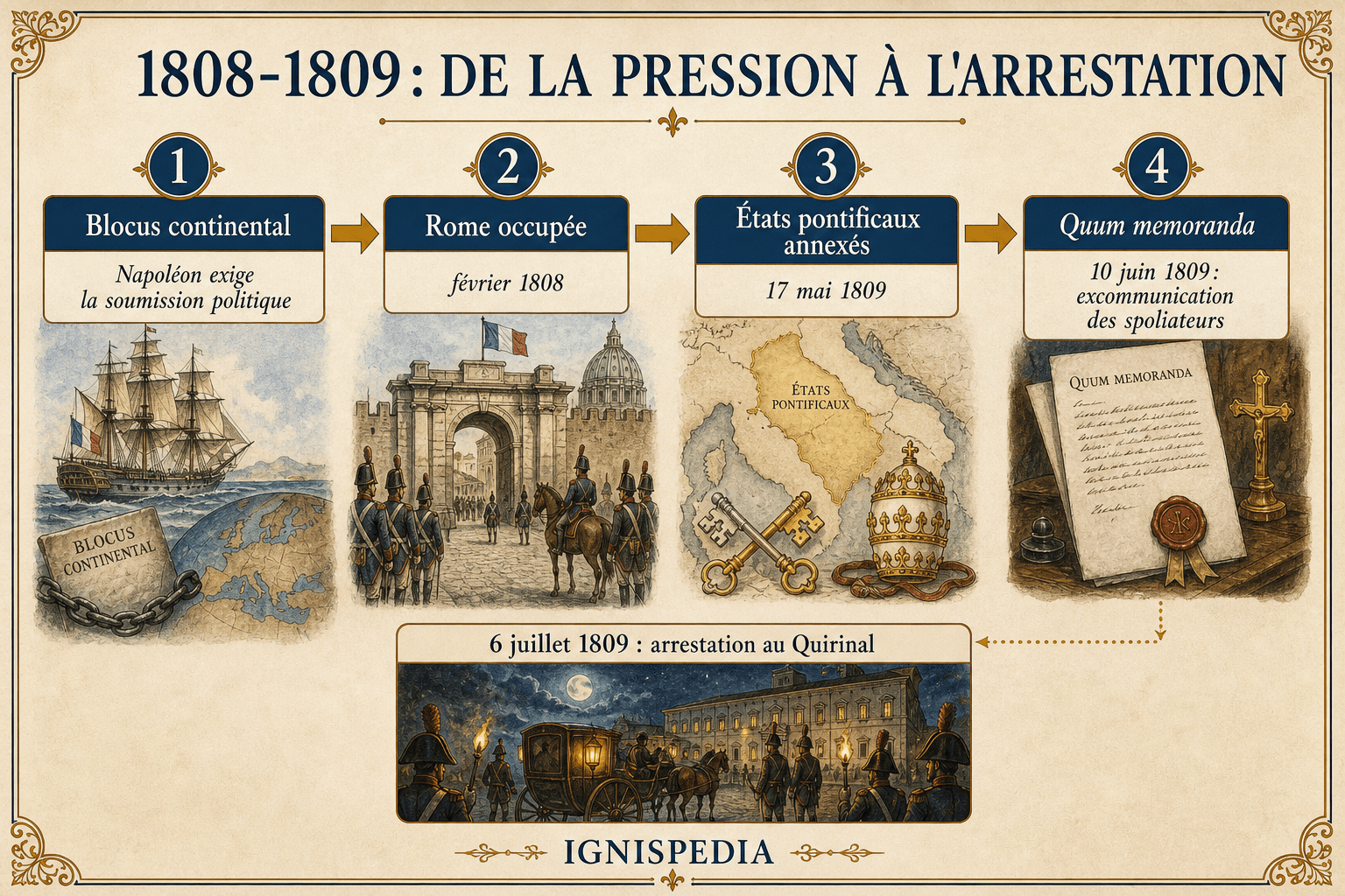 Infographie française expliquant la chaîne d'événements de 1808-1809 jusqu'à l'arrestation de Pie VII