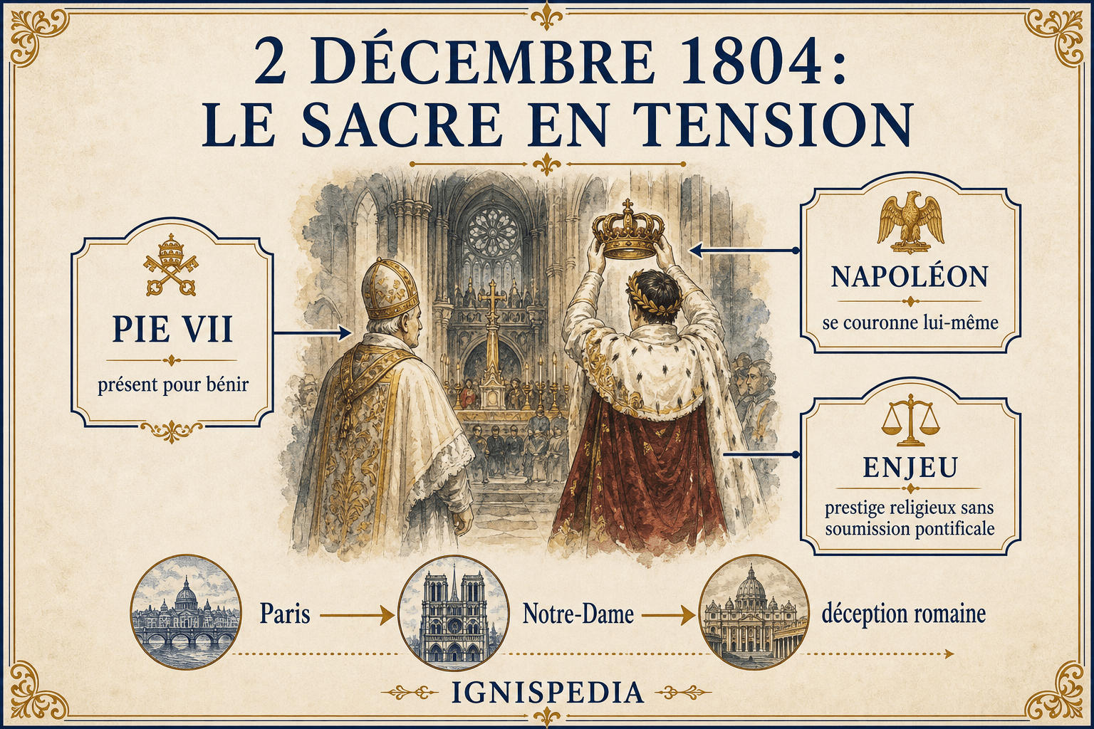 Infographie française sur le sacre de Napoléon à Notre-Dame en présence de Pie VII