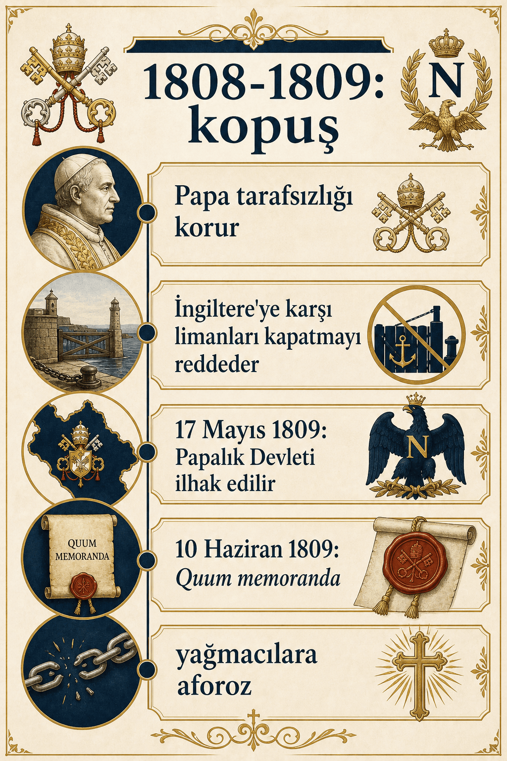 1808-1809 olay zincirini ve VII. Pius'un tutuklanmasını açıklayan Türkçe infografik