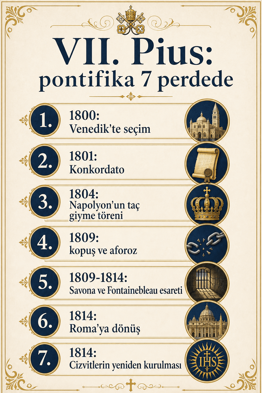 VII. Pius’un papalık dönemini yedi bölümde özetleyen Türkçe infografik, Venedik’teki seçimden Cizvitlerin yeniden kurulmasına kadar