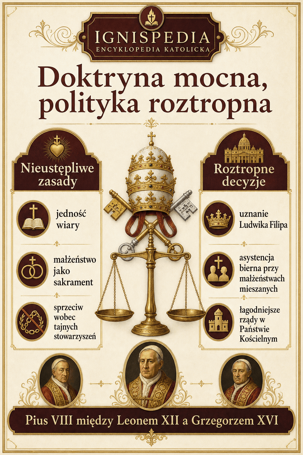 Infografika o równowadze między mocną doktryną a roztropną polityką u Piusa VIII