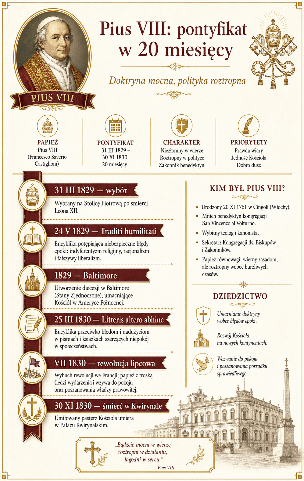 Infografika chronologiczna o dwudziestu miesiącach pontyfikatu Piusa VIII