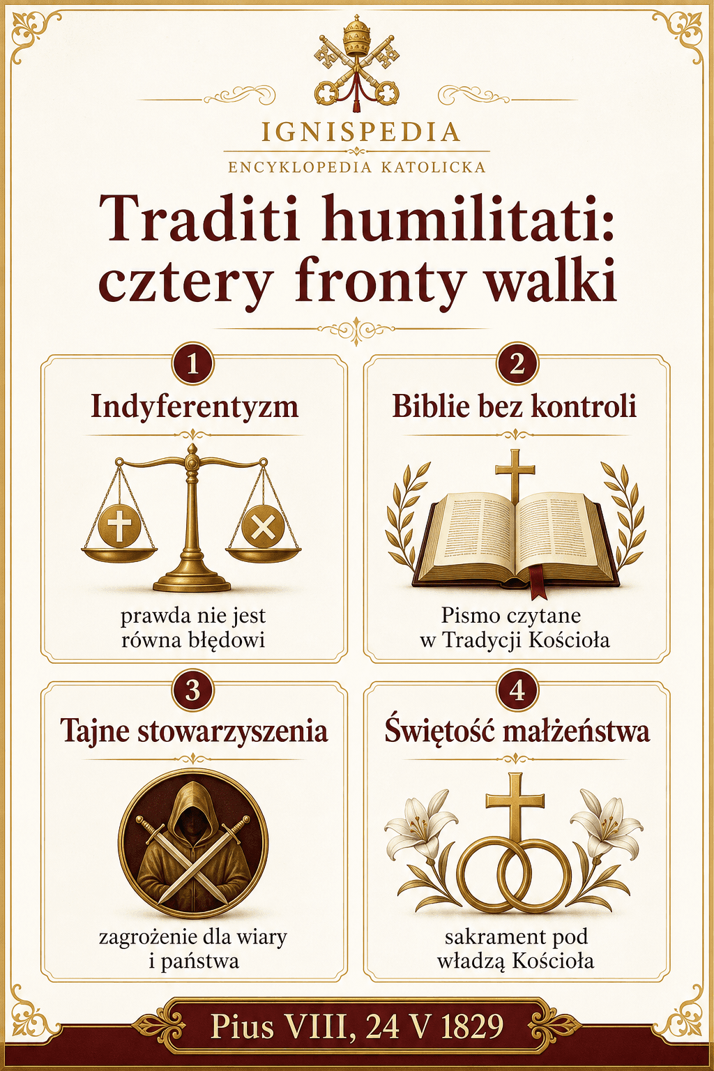 Infografika o czterech frontach doktrynalnych Traditi humilitati nostrae