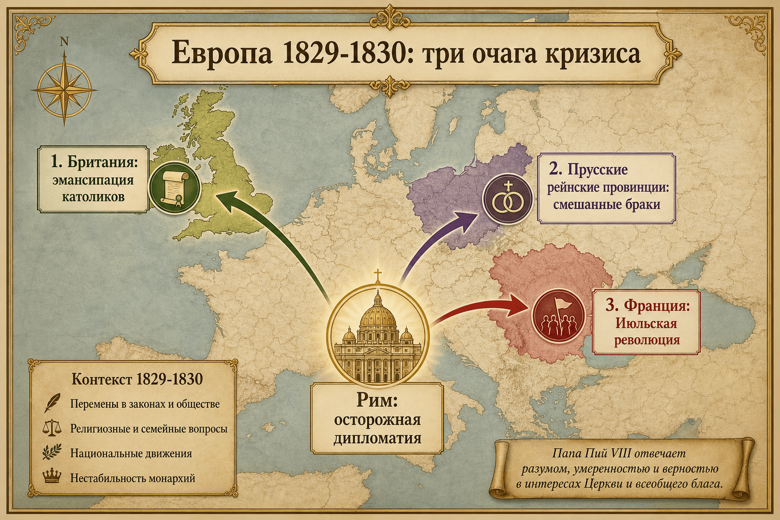 Инфографика с картой трёх очагов европейского кризиса при Пии VIII
