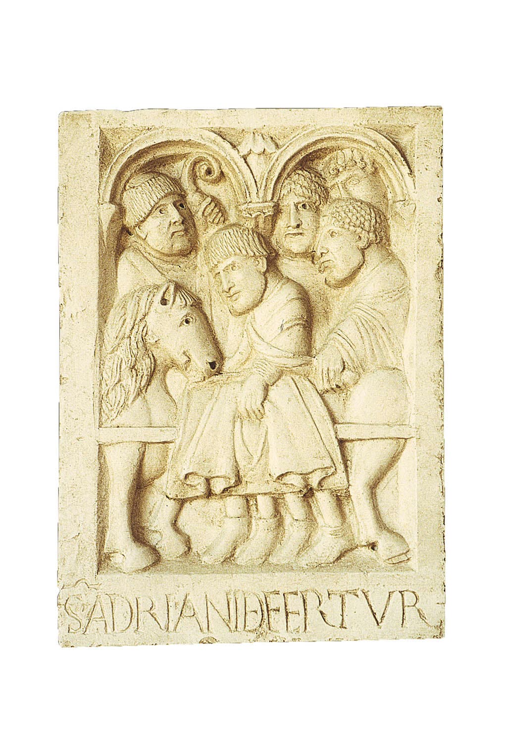 Romanisches Relief von Nonantola, das die Übertragung des Leichnams des heiligen Hadrian III. darstellt