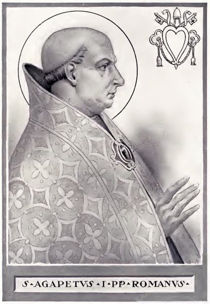 Retrato grabado del papa san Agapito I con capa pluvial