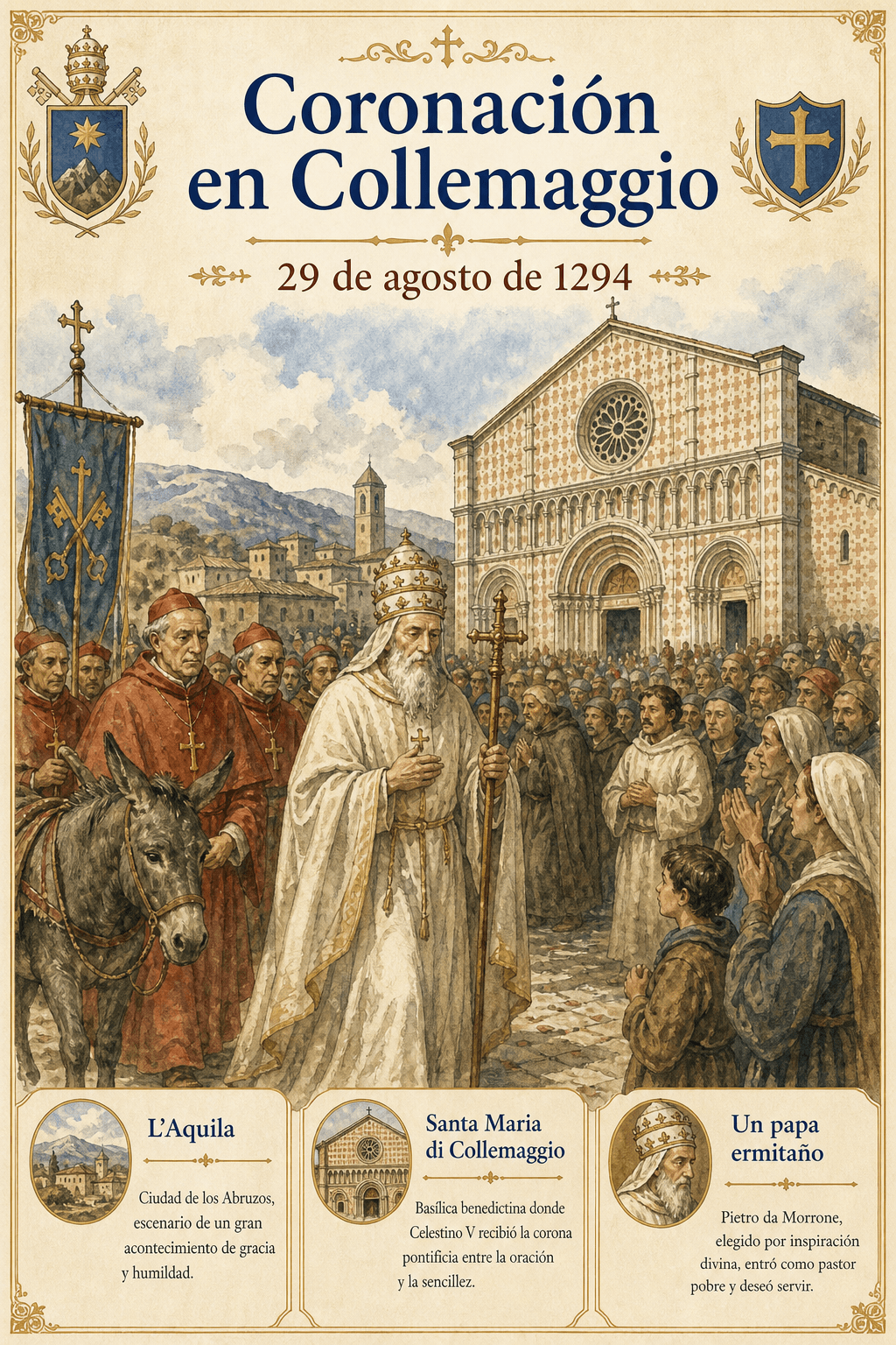 La coronación de Celestino V en Collemaggio el 29 de agosto de 1294, el ermitaño llevado en un asno ante la basílica de L'Aquila