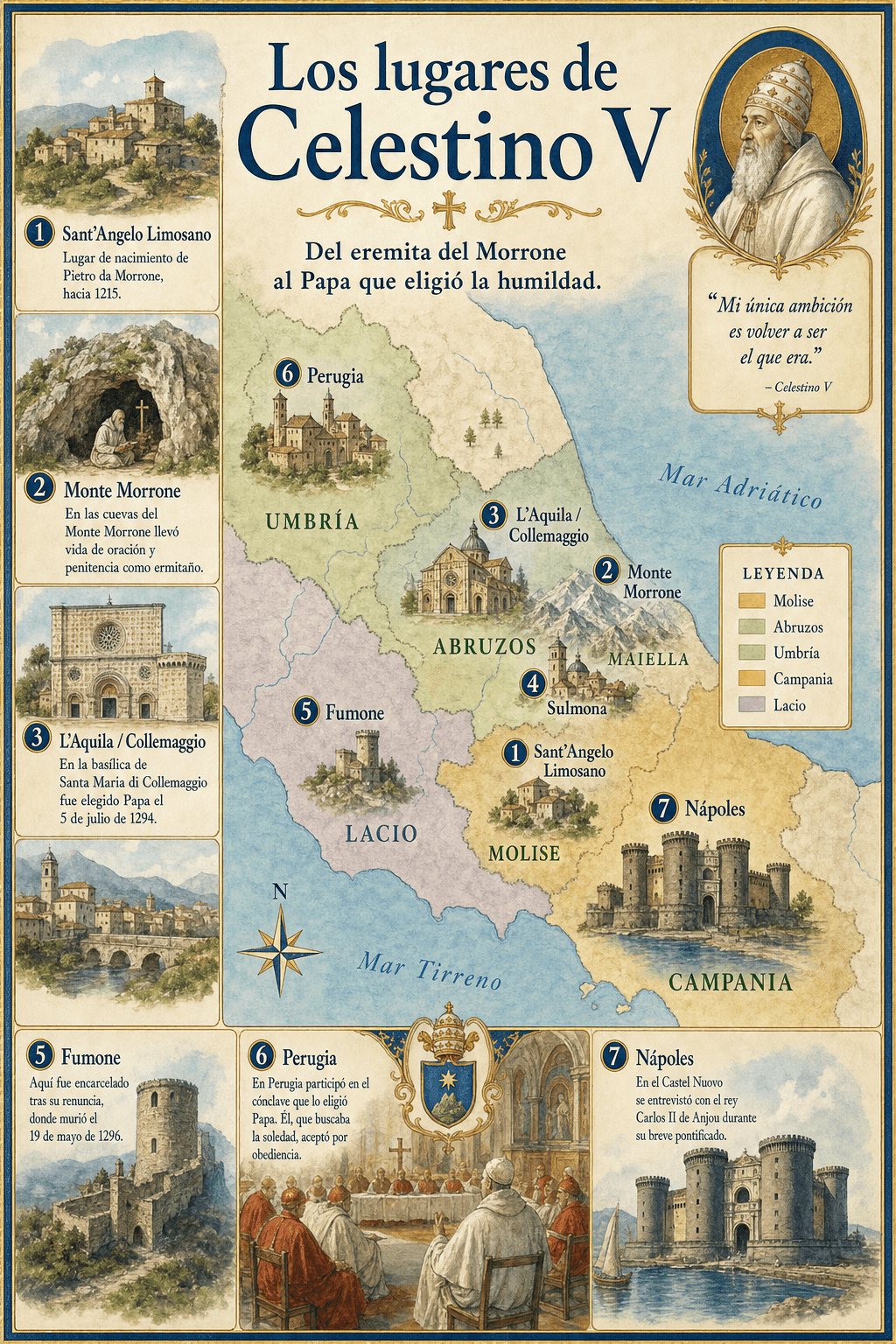 Mapa infográfico de los lugares de Celestino V: Sant'Angelo Limosano, Morrone, Maiella, Sulmona, L'Aquila, Perugia, Nápoles y Fumone