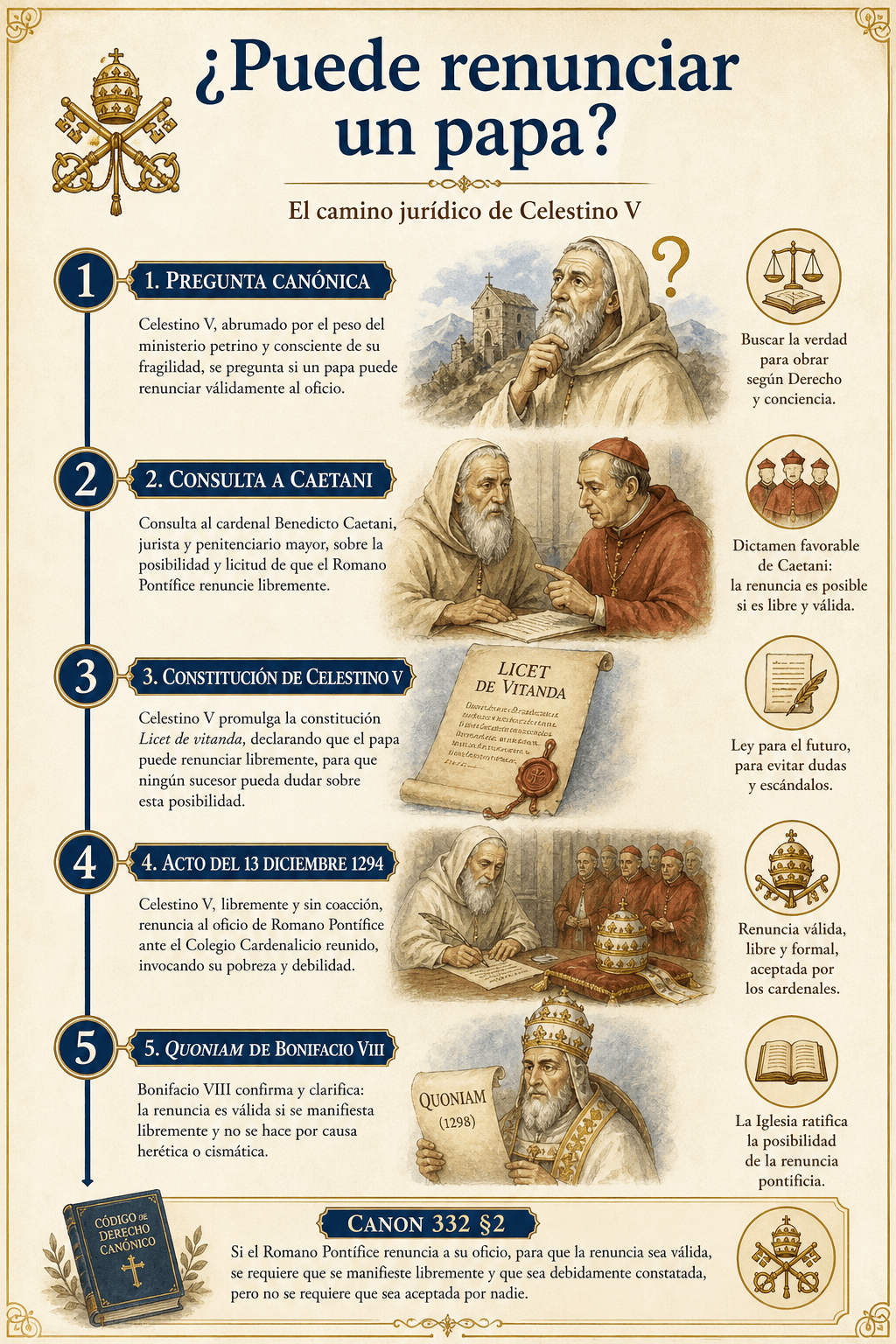 Infografía canónica: cuestión de la renuncia pontificia, consulta a Caetani, constitución de Celestino V, acto del 13 de diciembre y decretal Quoniam