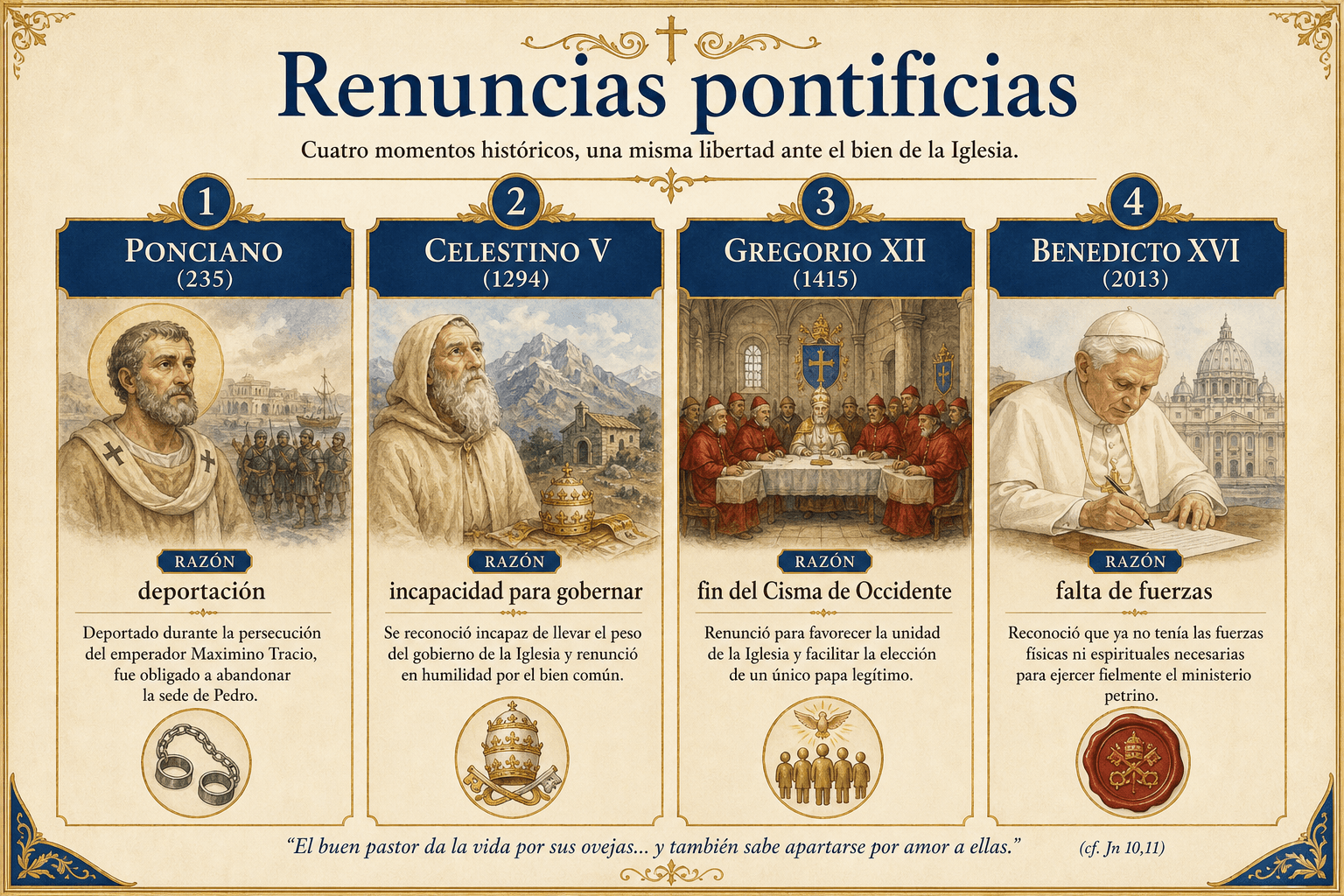 Infografía comparativa de las renuncias pontificias: Ponciano, Celestino V, Gregorio XII y Benedicto XVI