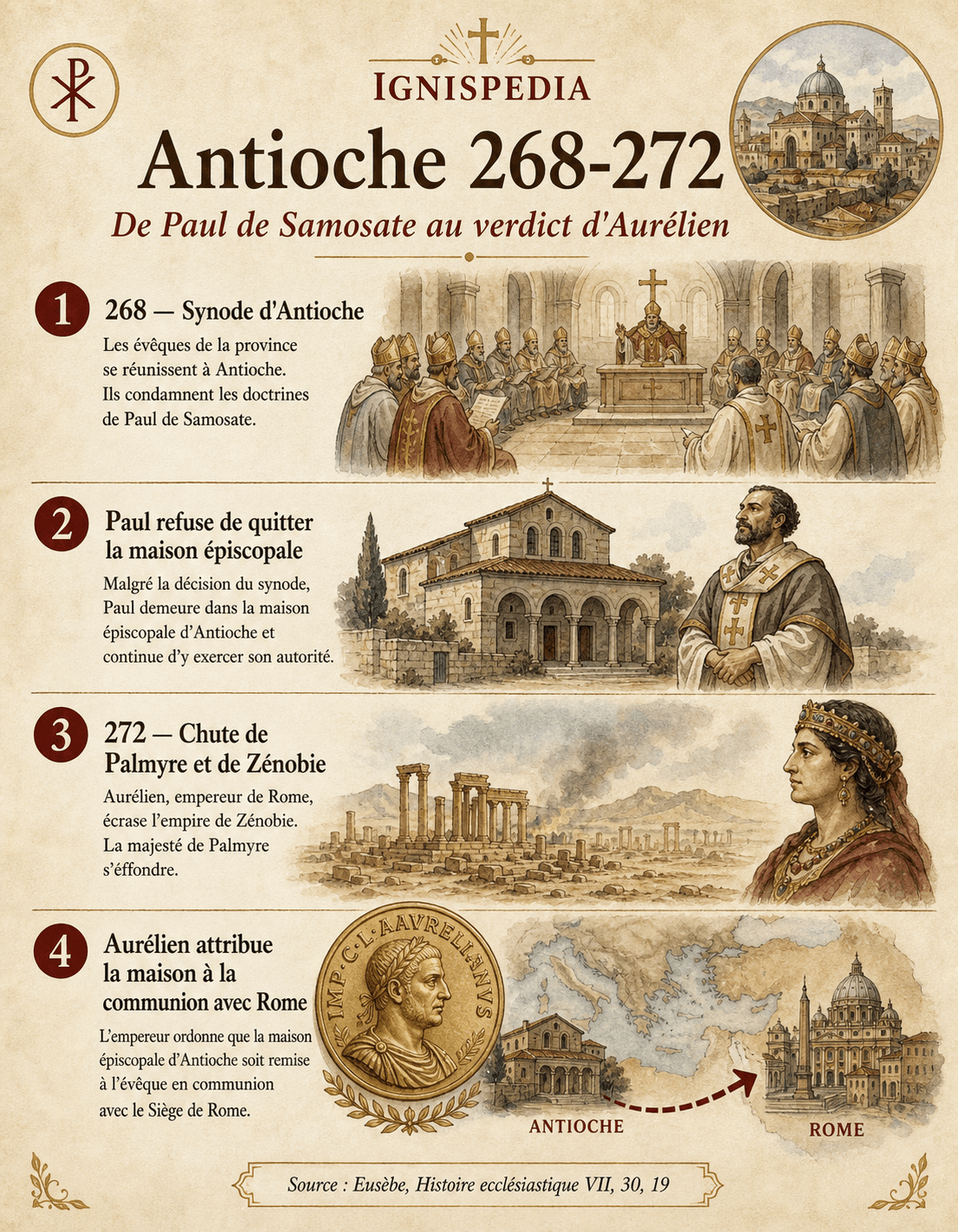 Infographie retraçant l'affaire d'Antioche de 268 à 272, depuis la déposition de Paul de Samosate jusqu'au verdict d'Aurélien en faveur de la communion avec Rome
