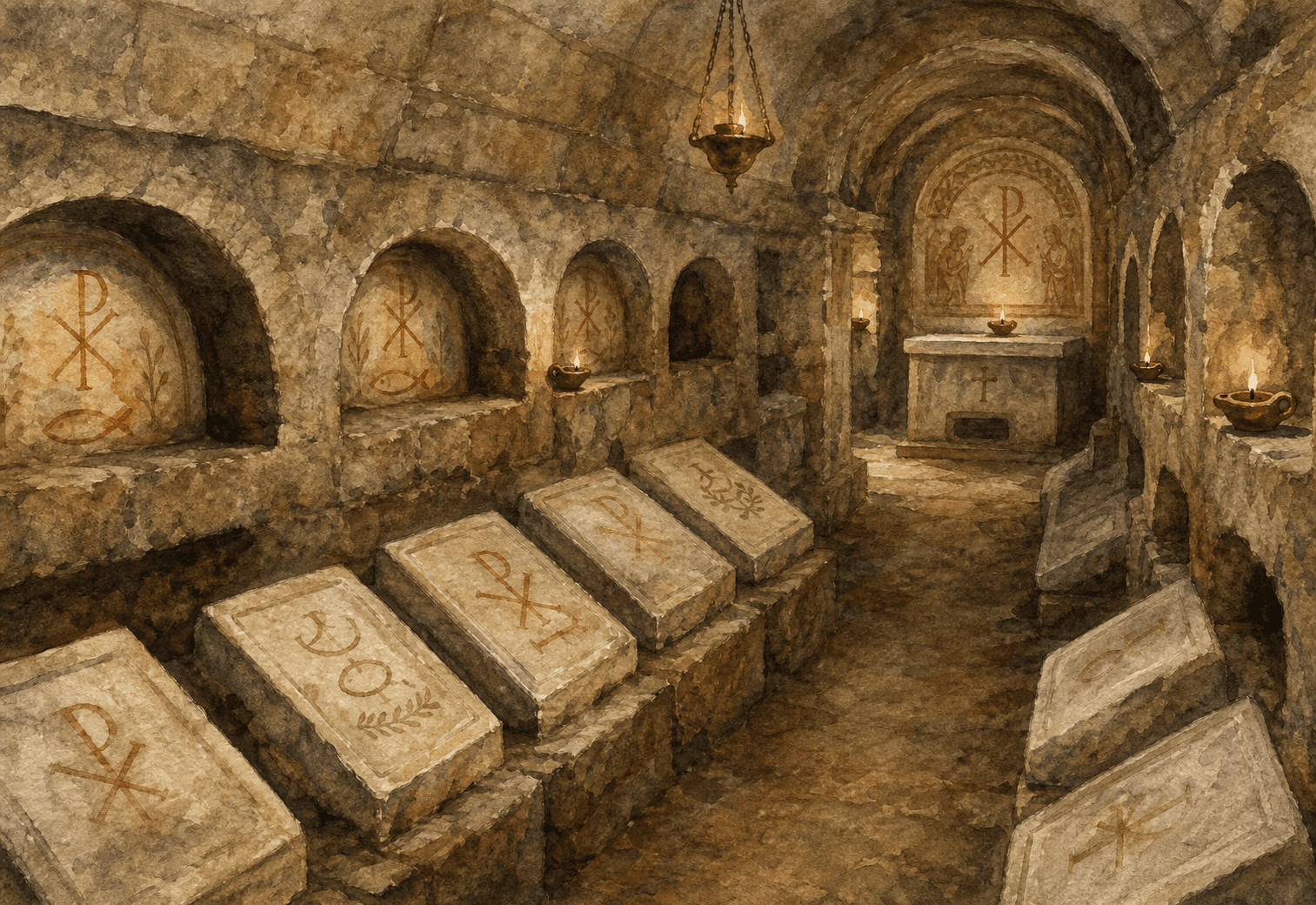 Illustration aquarelle de la crypte des papes dans la catacombe de Saint-Calixte