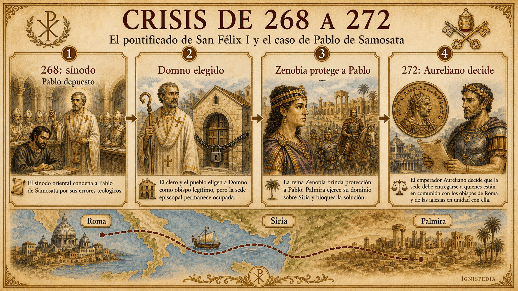 Infografía que recorre el asunto de Antioquía del 268 al 272, desde la deposición de Pablo de Samosata hasta el veredicto de Aureliano a favor de la comunión con Roma